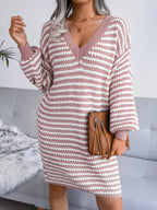 Striped V - Neck Long Sleeve Sweater Dress - Goddess Vibes
