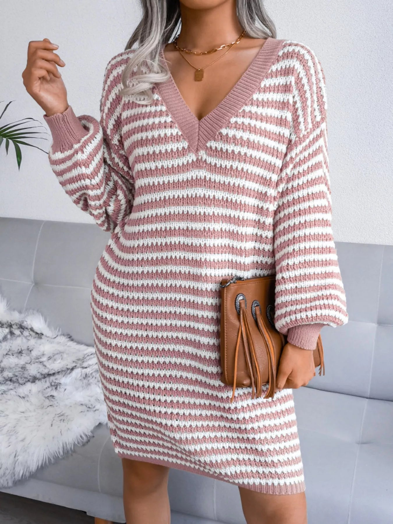 Striped V - Neck Long Sleeve Sweater Dress - Goddess Vibes