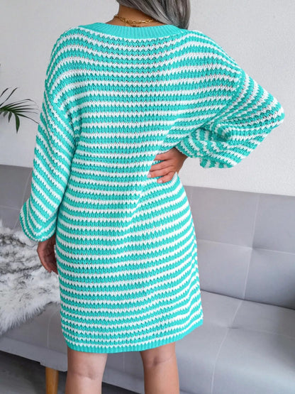 Striped V - Neck Long Sleeve Sweater Dress - Goddess Vibes