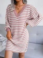 Striped V - Neck Long Sleeve Sweater Dress - Goddess Vibes