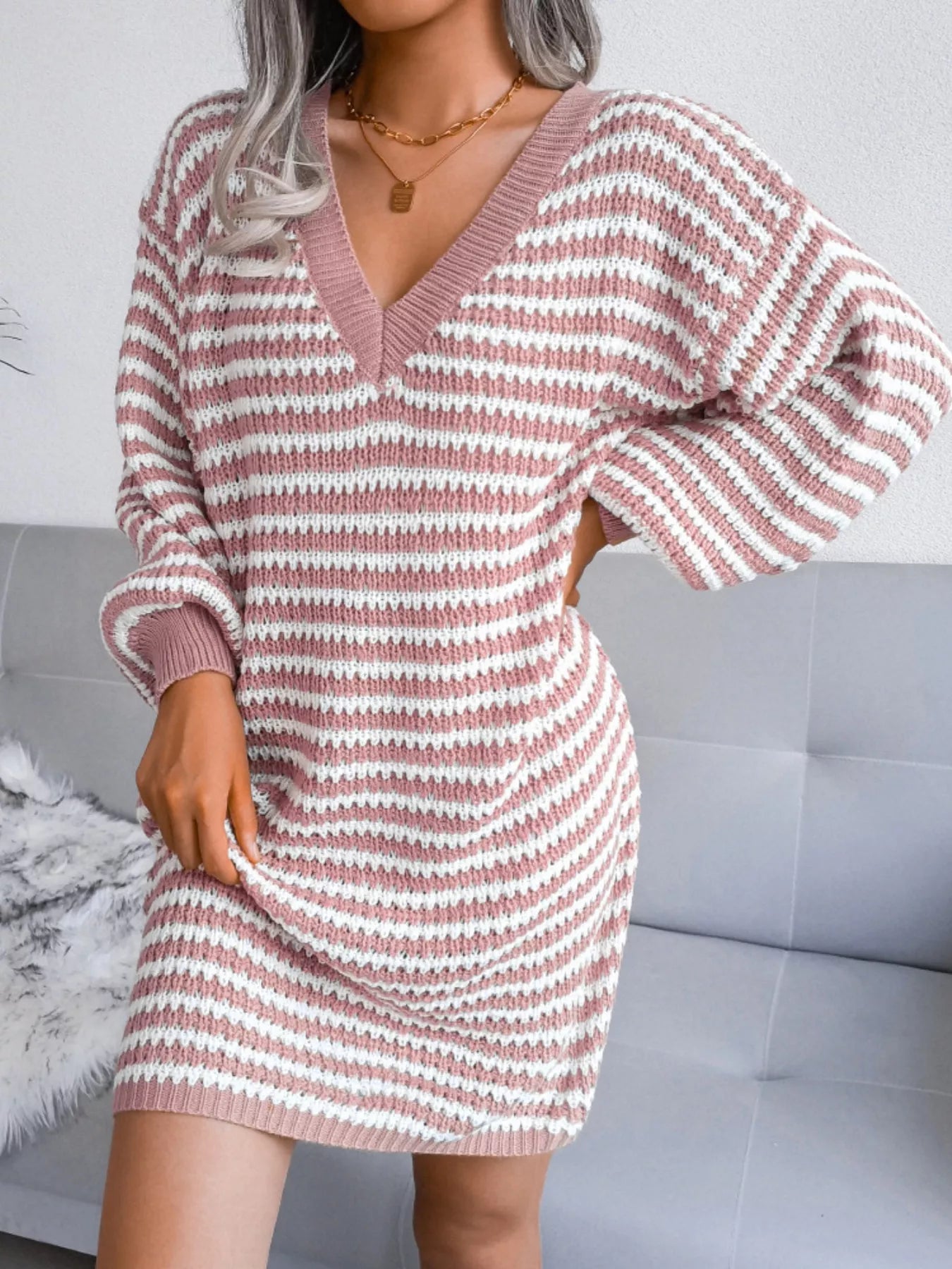 Striped V - Neck Long Sleeve Sweater Dress - Goddess Vibes