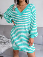Striped V - Neck Long Sleeve Sweater Dress - Goddess Vibes