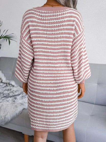 Striped V - Neck Long Sleeve Sweater Dress - Goddess Vibes