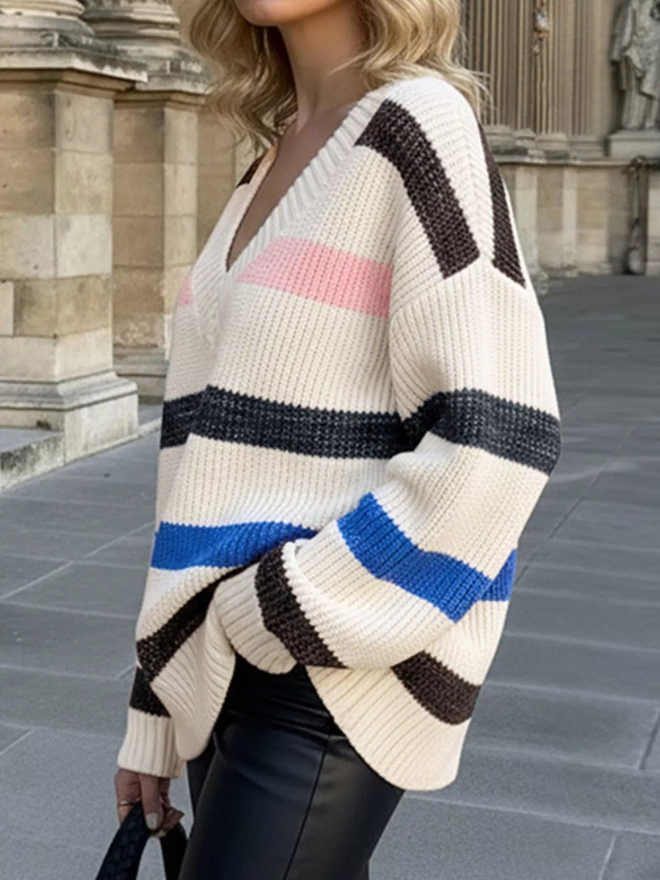 Striped V - Neck Oversized Sweater - Crowned Energy CO.