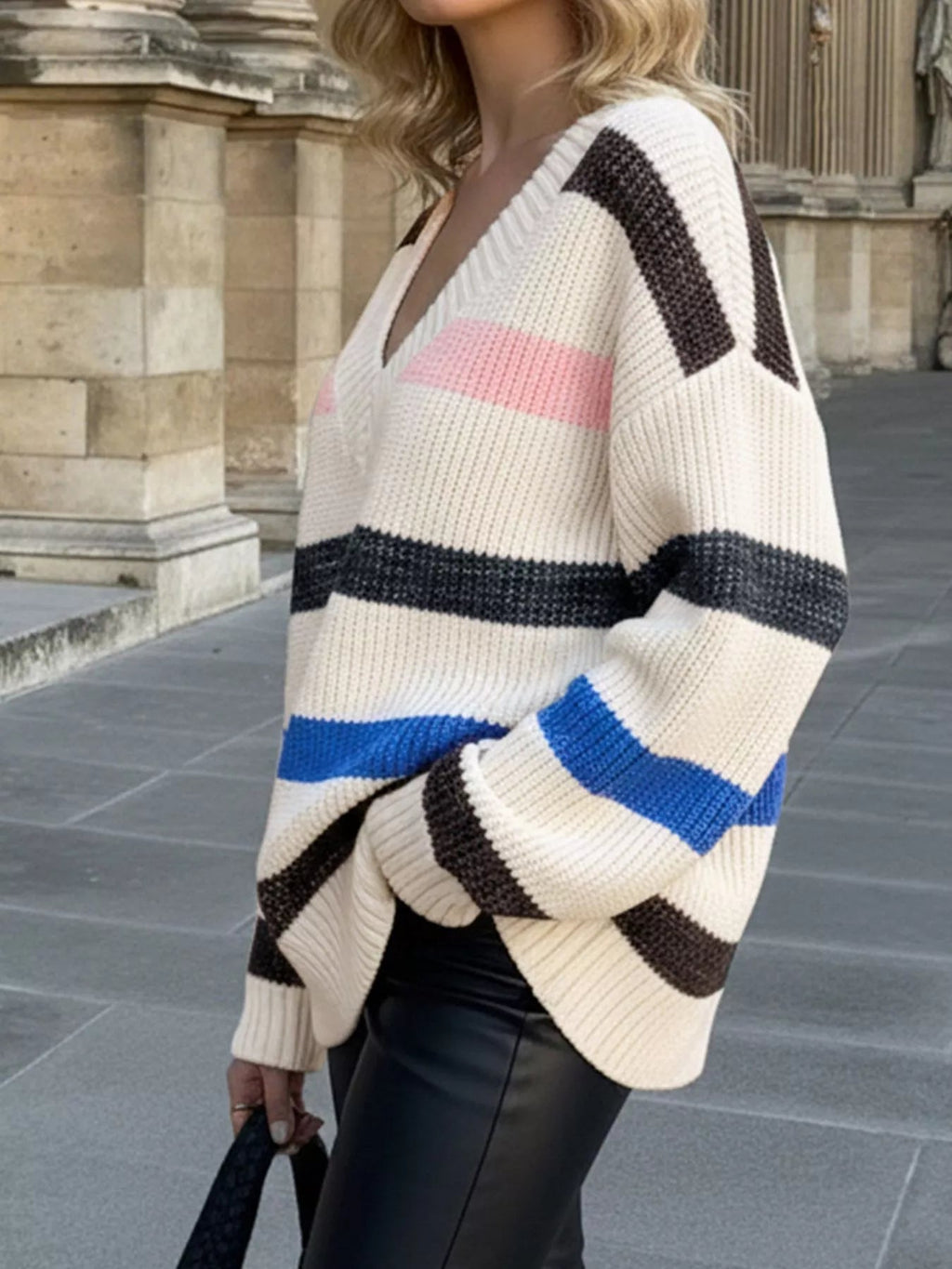 Striped V - Neck Oversized Sweater - Crowned Energy CO.