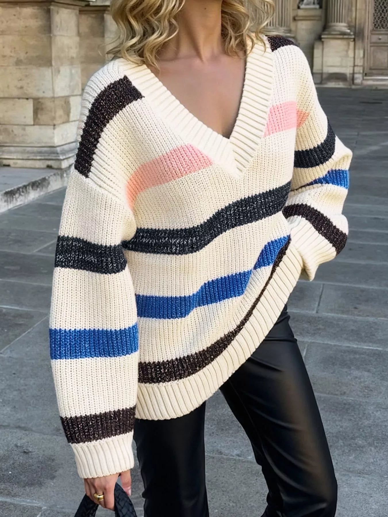 Striped V - Neck Oversized Sweater - Crowned Energy CO.