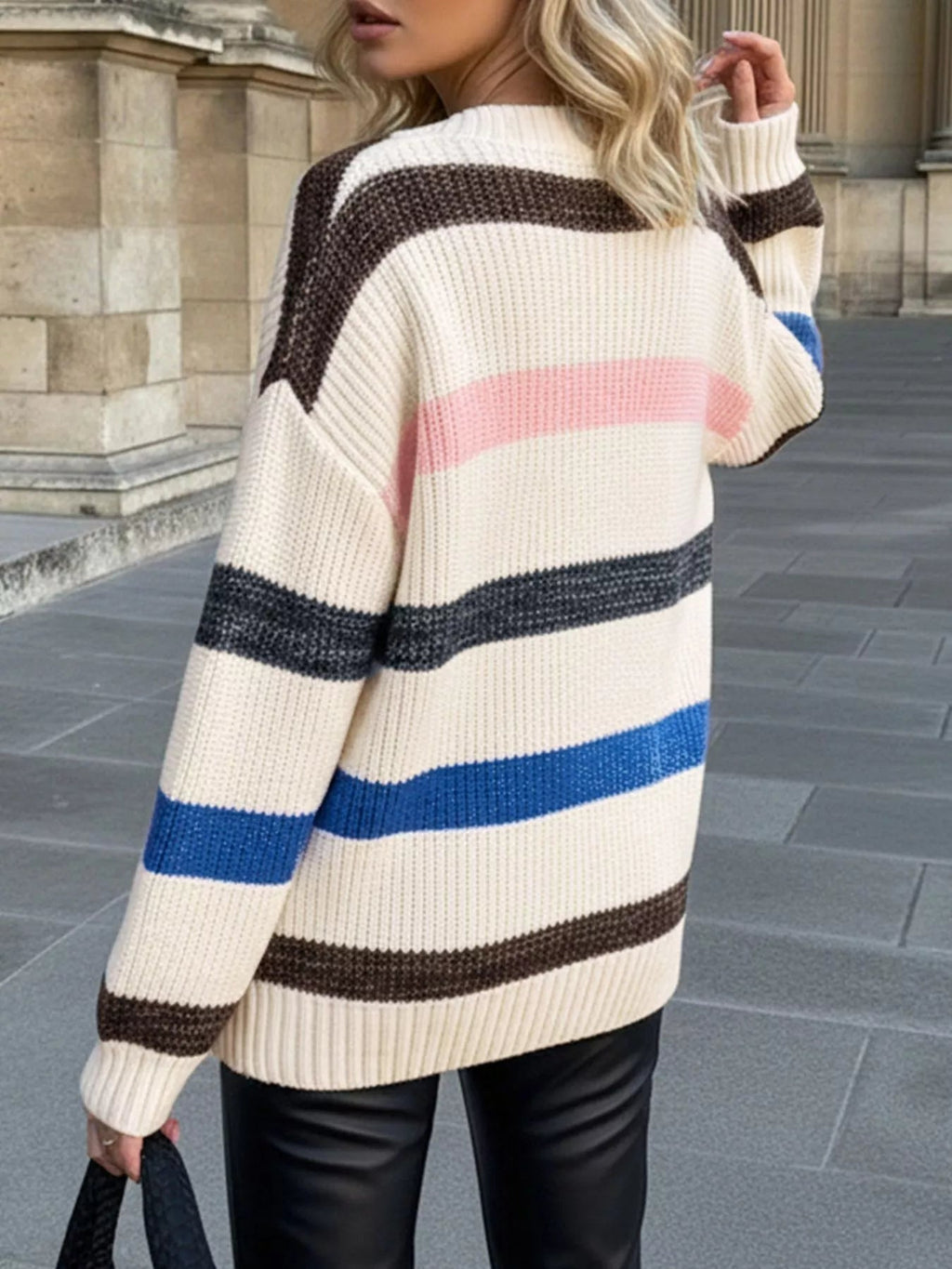 Striped V - Neck Oversized Sweater - Crowned Energy CO.
