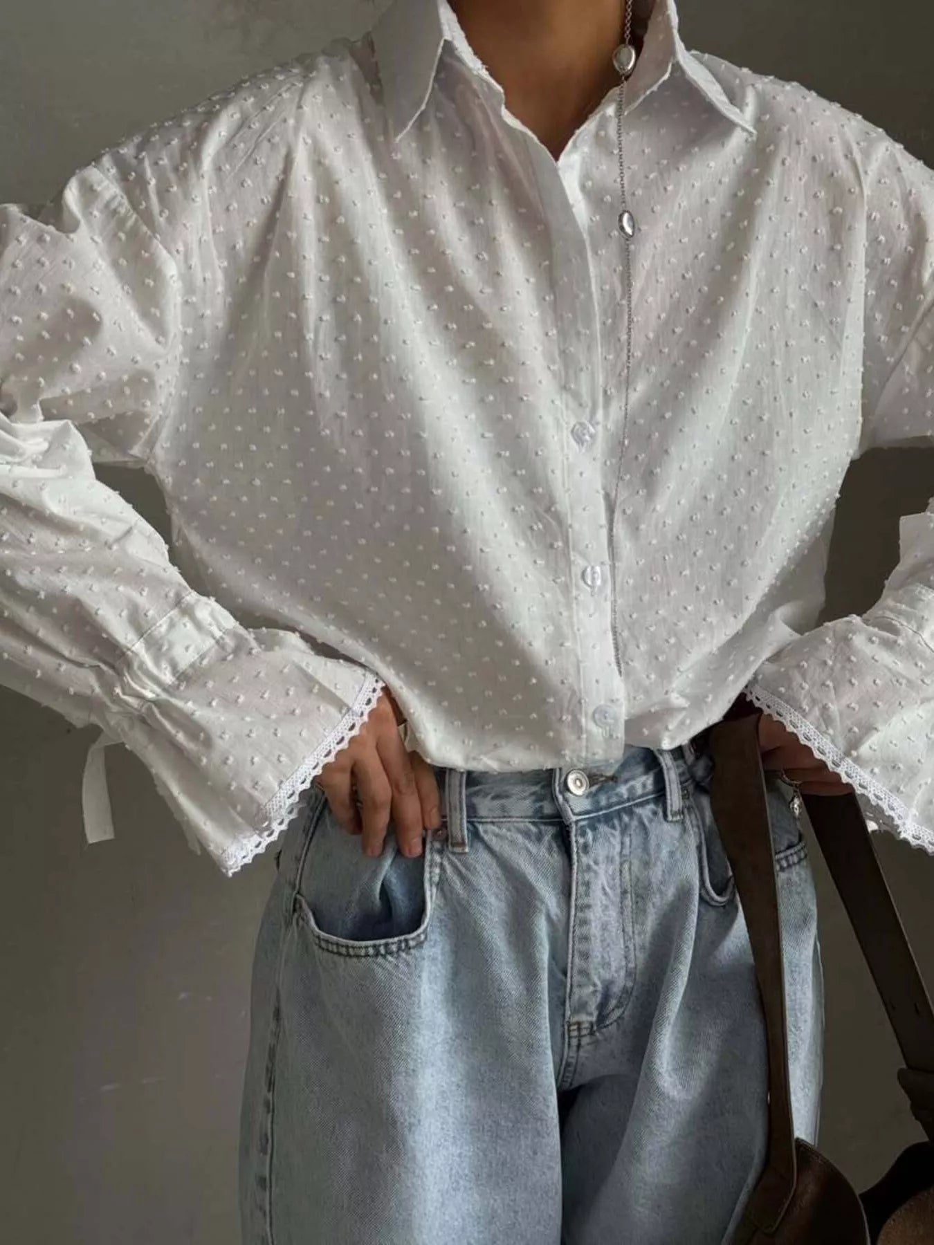 Crowned Energy CO. White / S Trendsi Shirt Swiss Dot Flounce Sleeve Shirt
