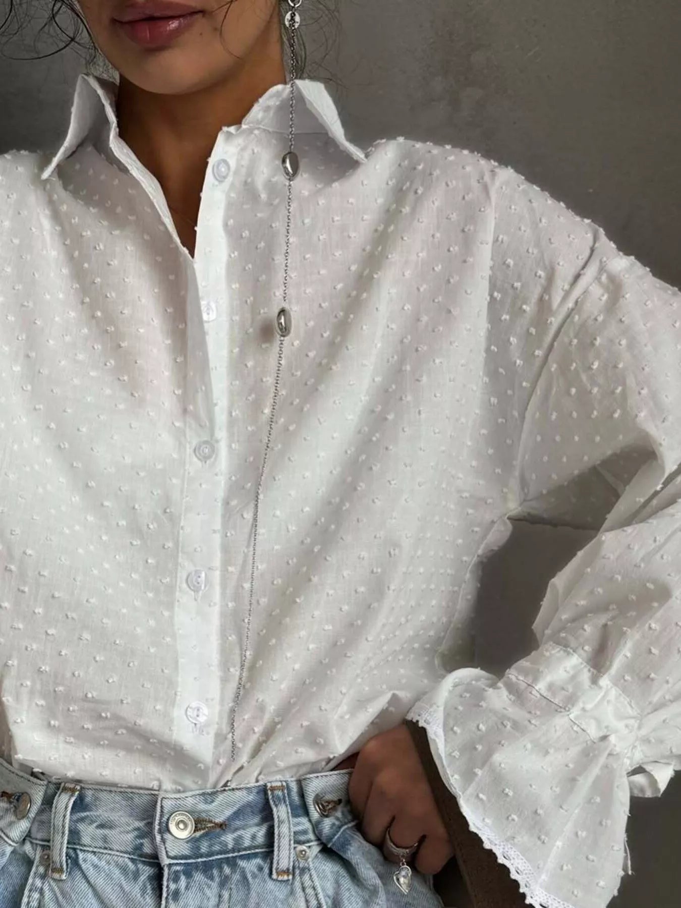 Crowned Energy CO. White / S Trendsi Shirt Swiss Dot Flounce Sleeve Shirt
