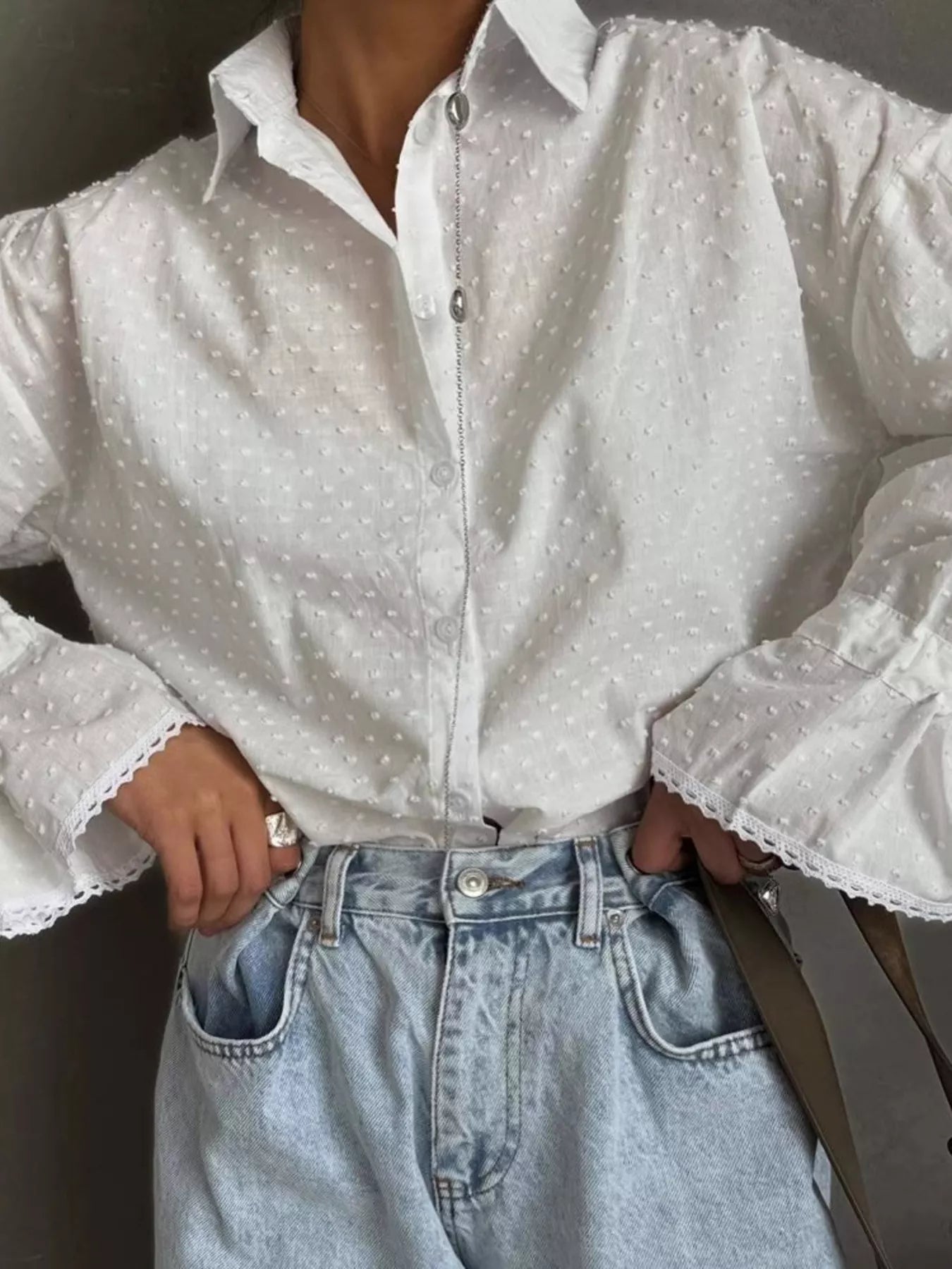 Crowned Energy CO. White / S Trendsi Shirt Swiss Dot Flounce Sleeve Shirt