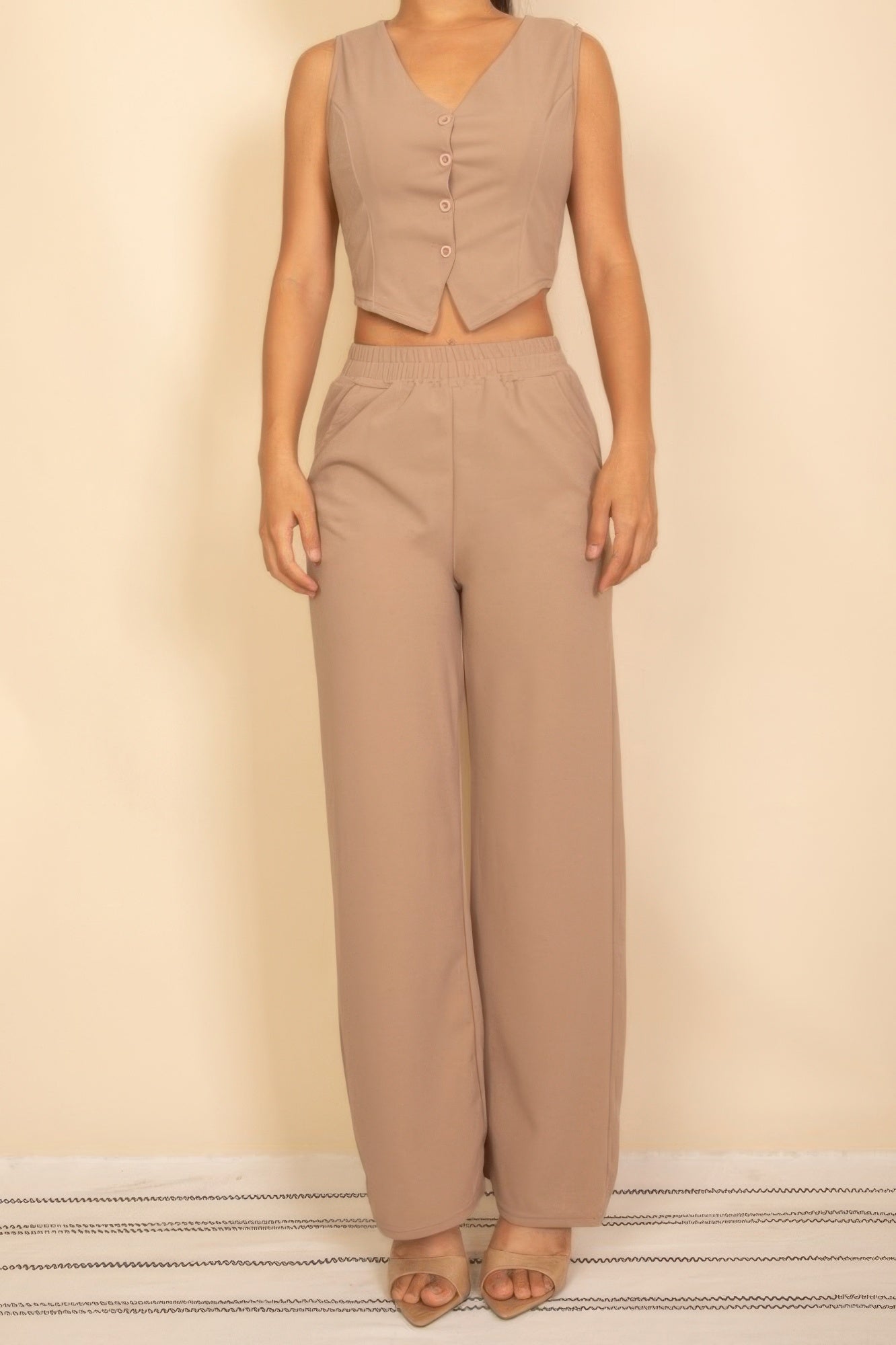 Tailored Button Vest With Adjustable Back Tie & Wide Leg Pants Set - Goddess Vibes