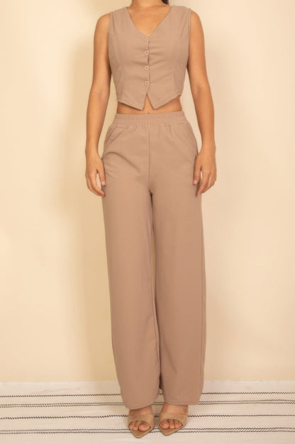 Tailored Button Vest With Adjustable Back Tie & Wide Leg Pants Set - Goddess Vibes