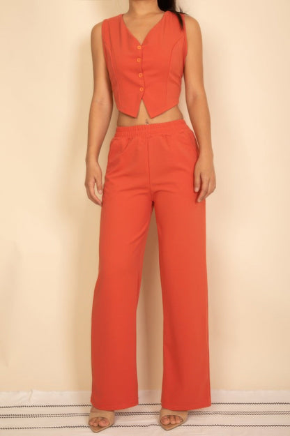 Tailored Button Vest With Adjustable Back Tie & Wide Leg Pants Set - Goddess Vibes