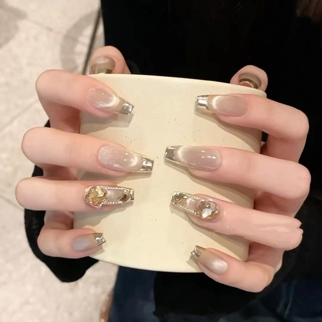 Temperament Cat Eye Champagne French Nails - Crowned Energy CO.