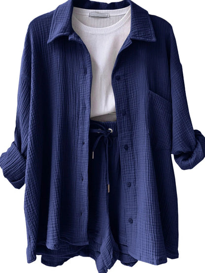 Textured Button Up Shirt and Shorts Set - Goddess Vibes