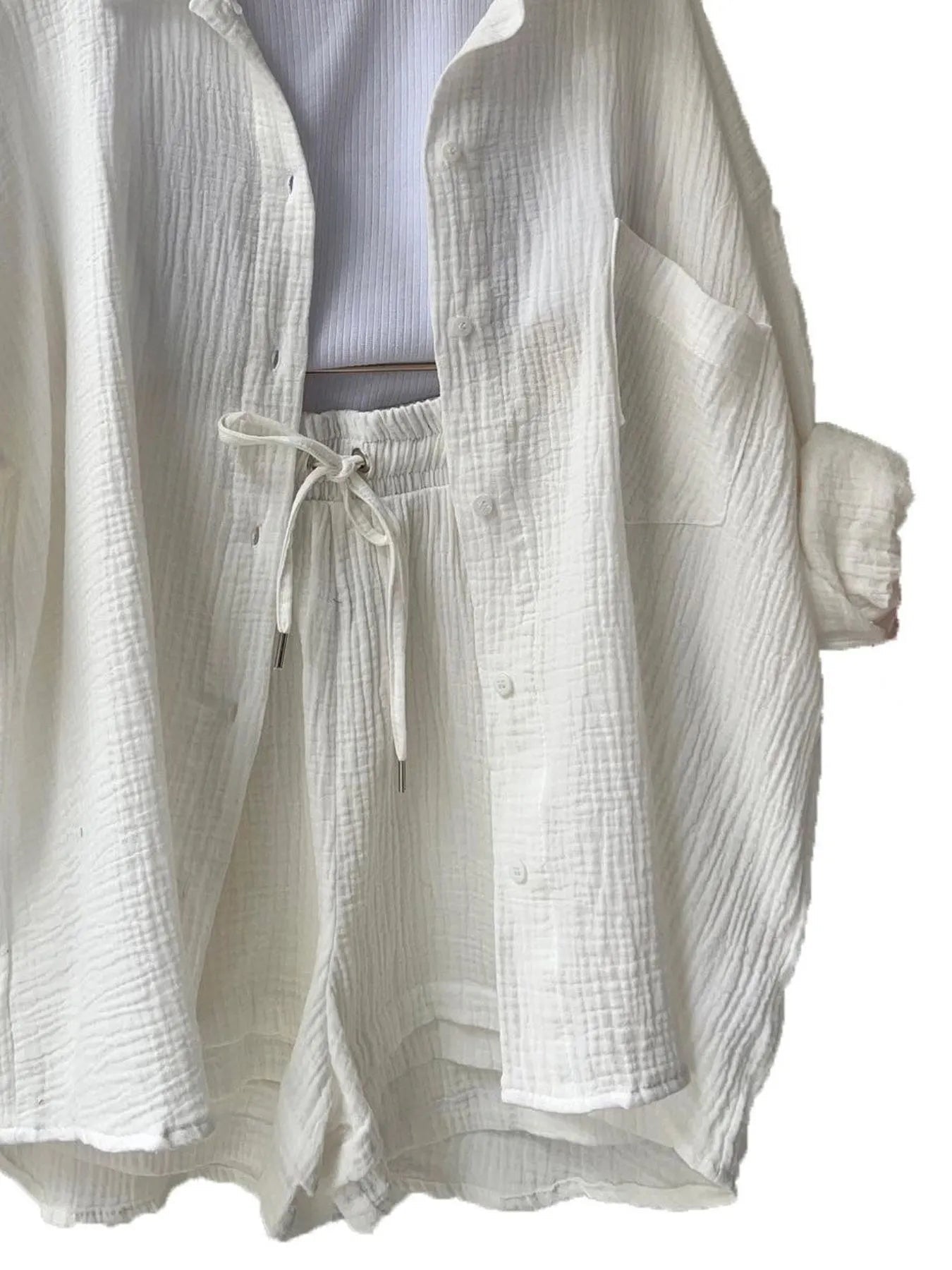 Textured Button Up Shirt and Shorts Set - Goddess Vibes