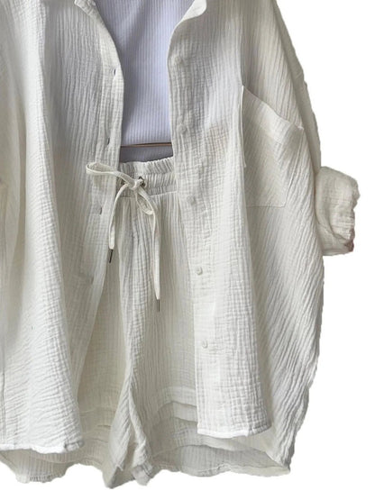 Textured Button Up Shirt and Shorts Set - Goddess Vibes