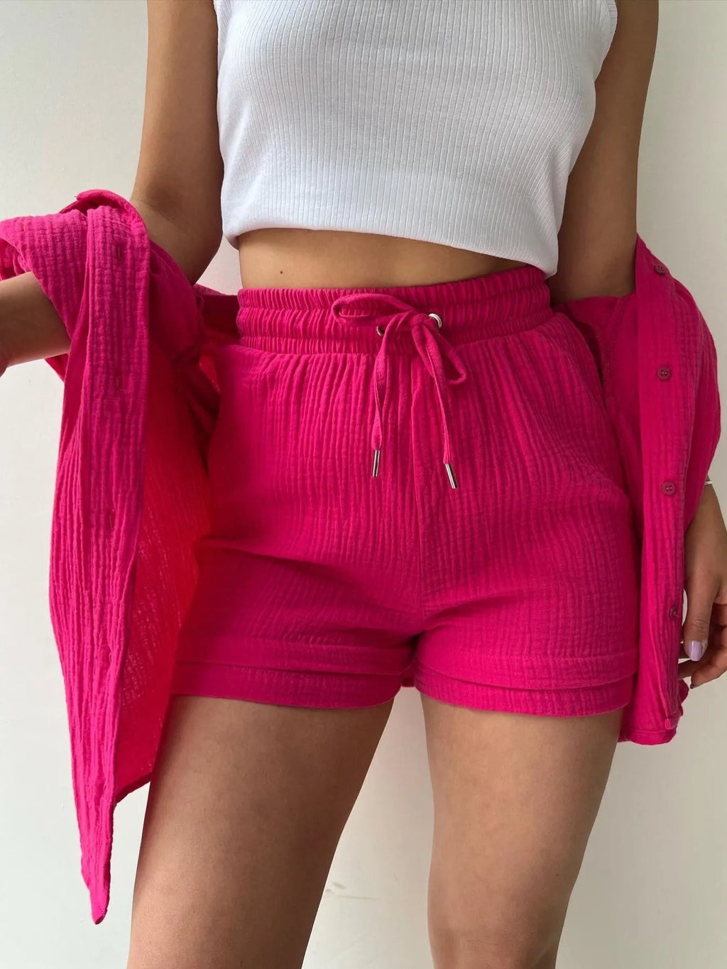 Crowned Energy CO. Green / S Trendsi OUTFIT SET Textured Button Up Shirt and Shorts Set