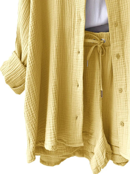 Textured Button Up Shirt and Shorts Set - Goddess Vibes