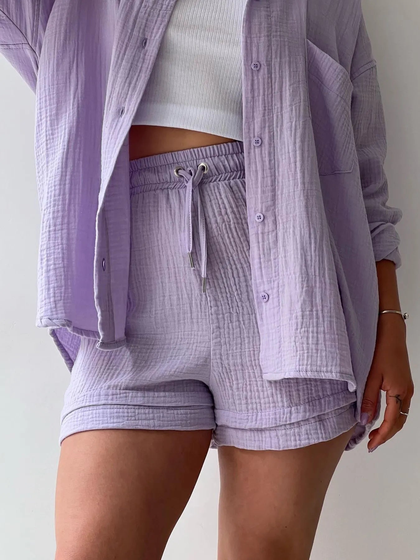 Textured Button Up Shirt and Shorts Set - Goddess Vibes