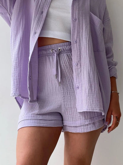 Textured Button Up Shirt and Shorts Set - Goddess Vibes