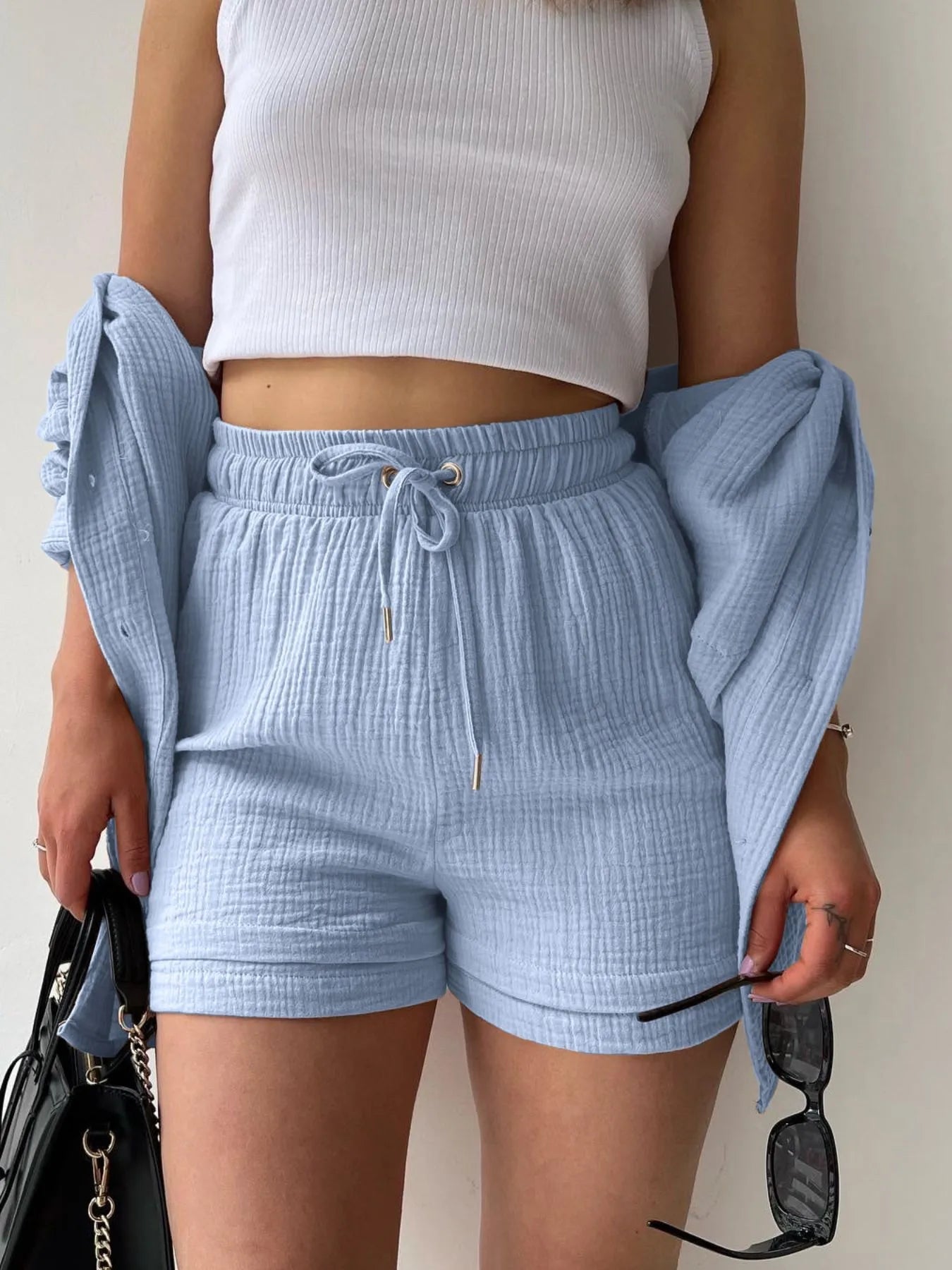Textured Button Up Shirt and Shorts Set - Goddess Vibes