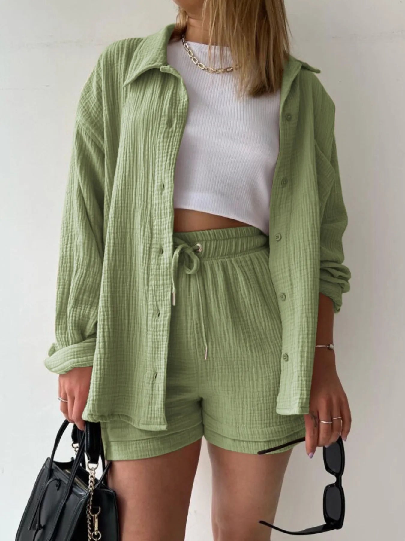 Textured Button Up Shirt and Shorts Set - Goddess Vibes