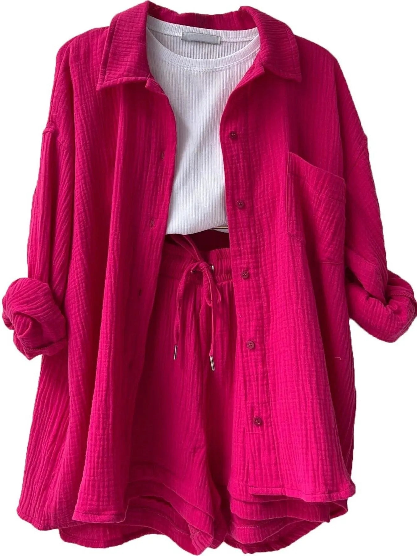 Textured Button Up Shirt and Shorts Set - Goddess Vibes