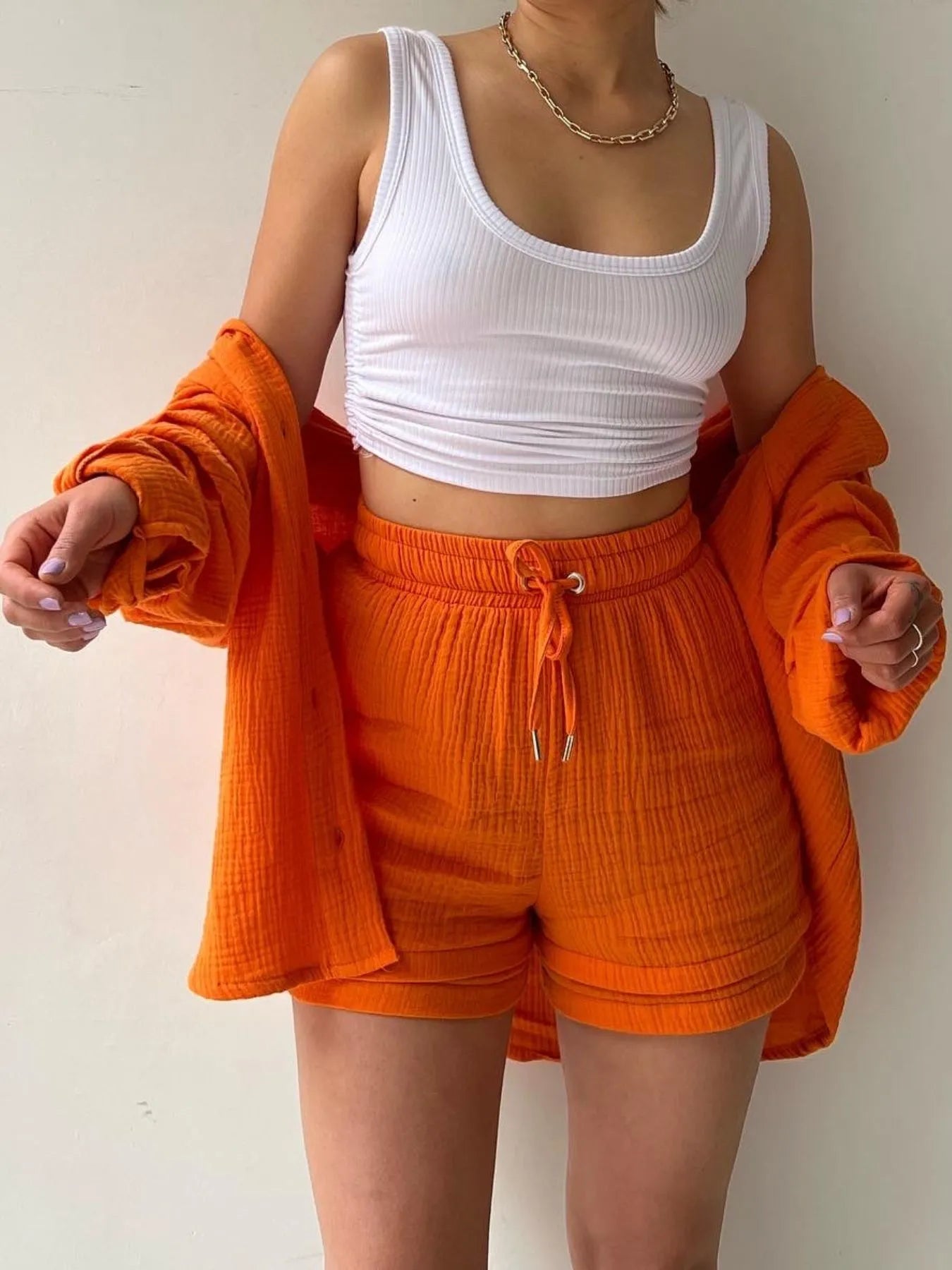 Crowned Energy CO. Green / S Trendsi OUTFIT SET Textured Button Up Shirt and Shorts Set