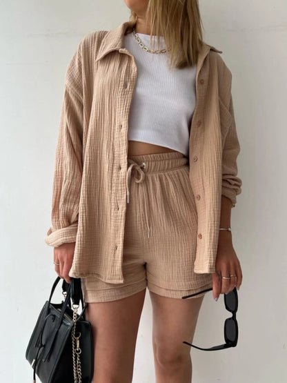 Textured Button Up Shirt and Shorts Set - Goddess Vibes