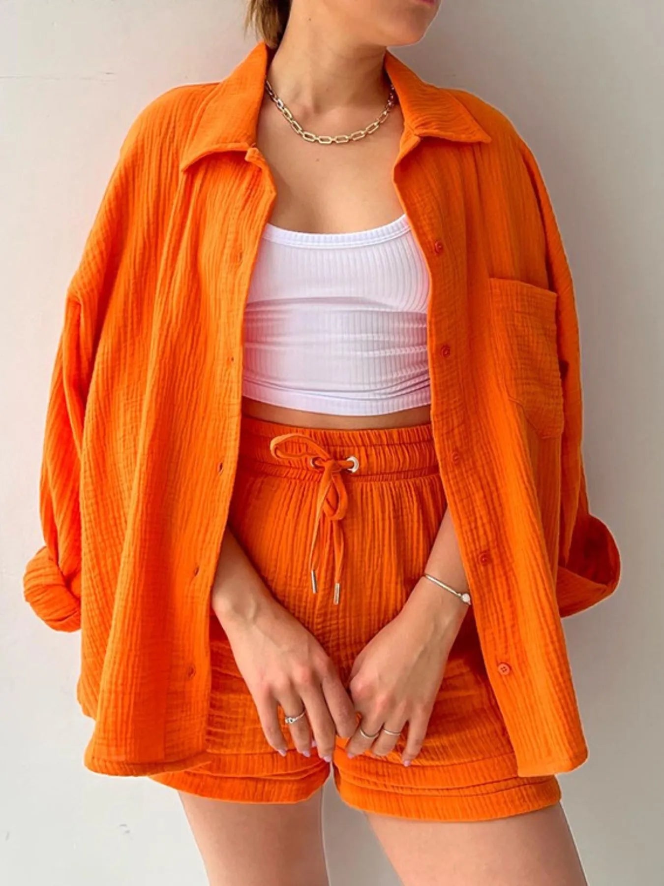 Textured Button Up Shirt and Shorts Set - Goddess Vibes