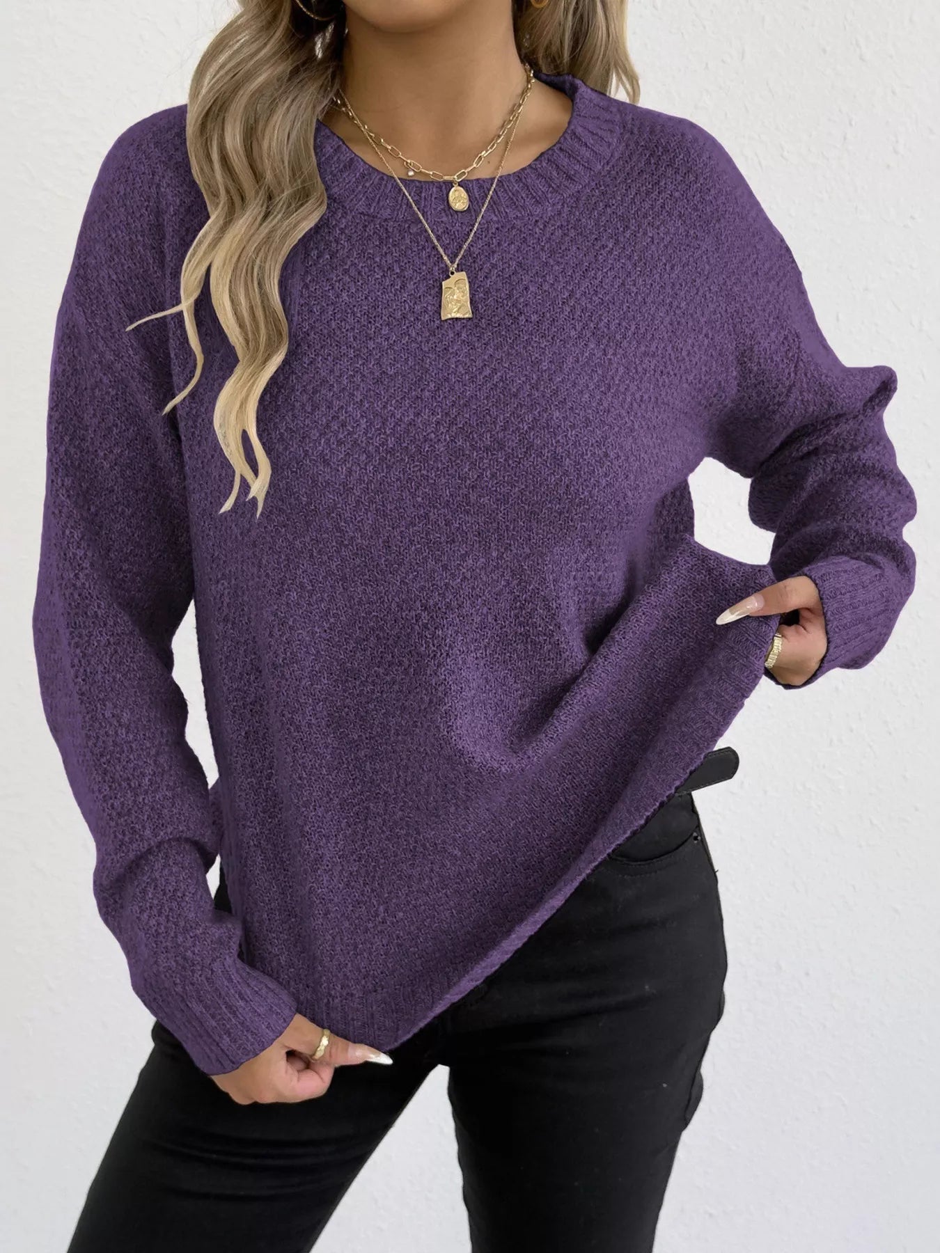 Textured Knit Relaxed Fit Round Neck Sweater - Goddess Vibes