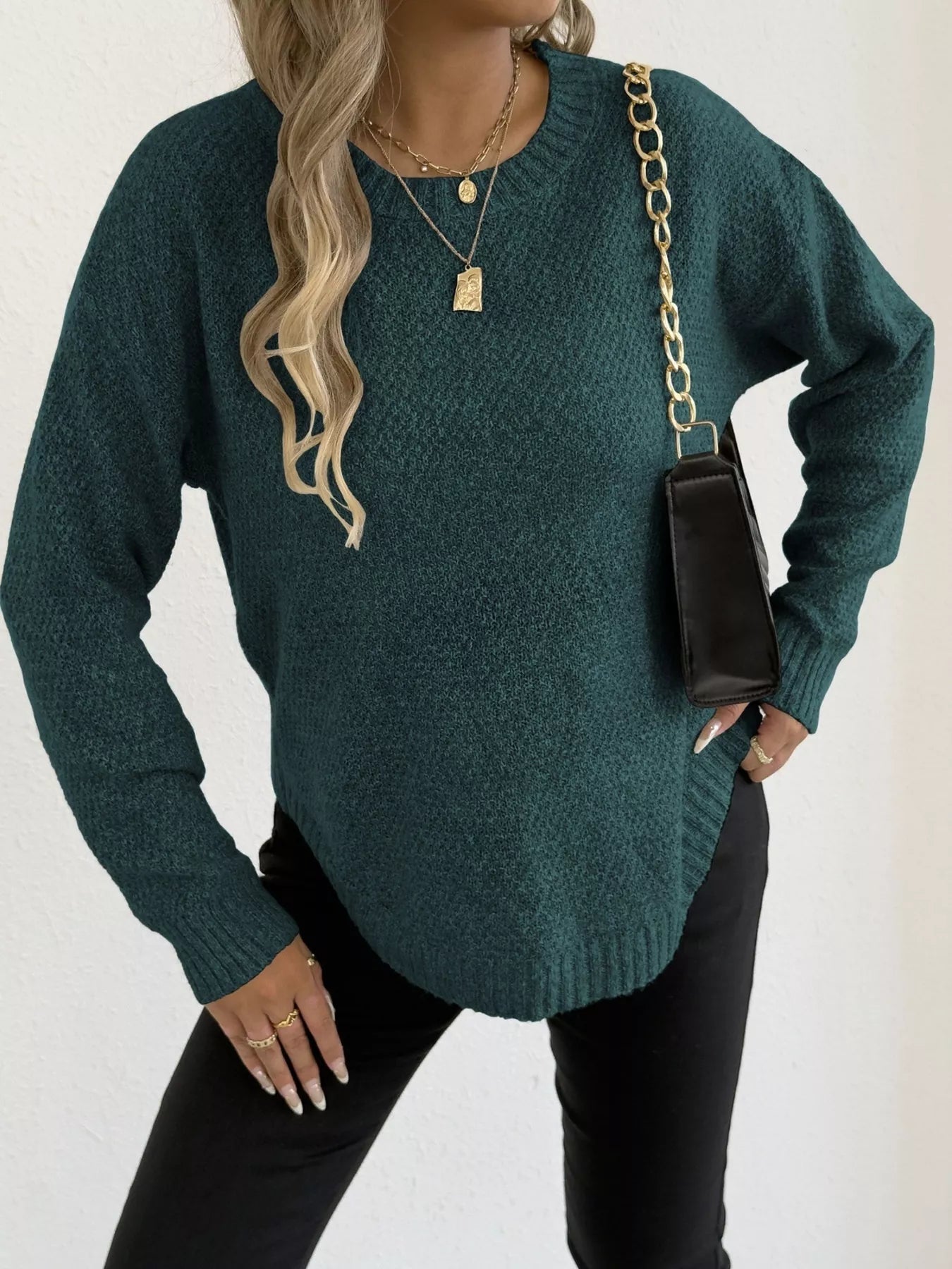 Textured Knit Relaxed Fit Round Neck Sweater - Goddess Vibes