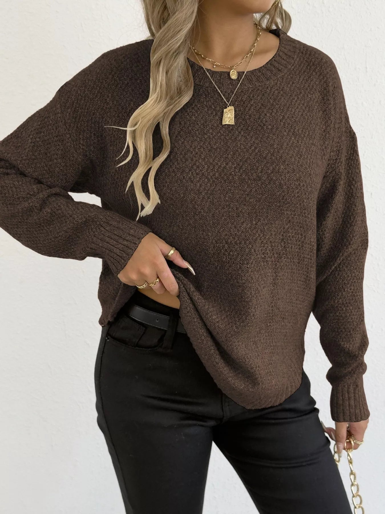 Textured Knit Relaxed Fit Round Neck Sweater - Goddess Vibes