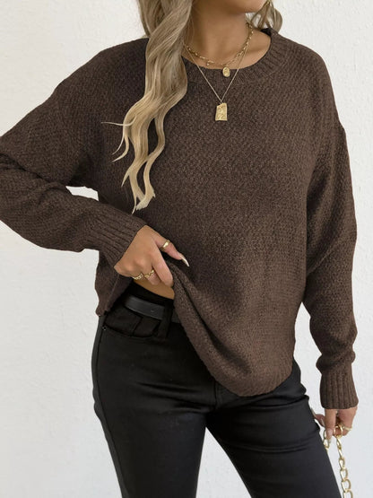 Textured Knit Relaxed Fit Round Neck Sweater - Goddess Vibes