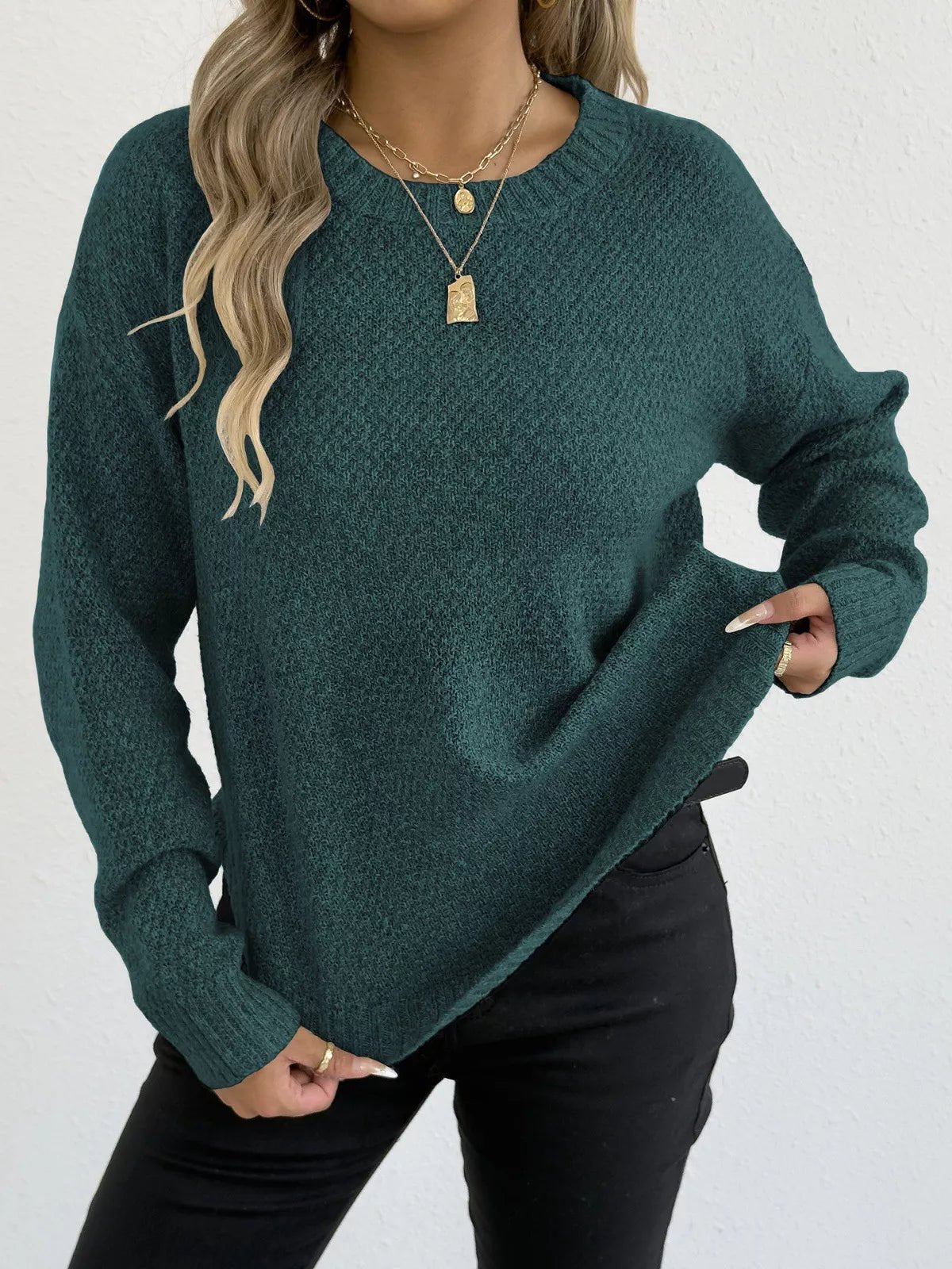 Textured Knit Relaxed Fit Round Neck Sweater - Goddess Vibes