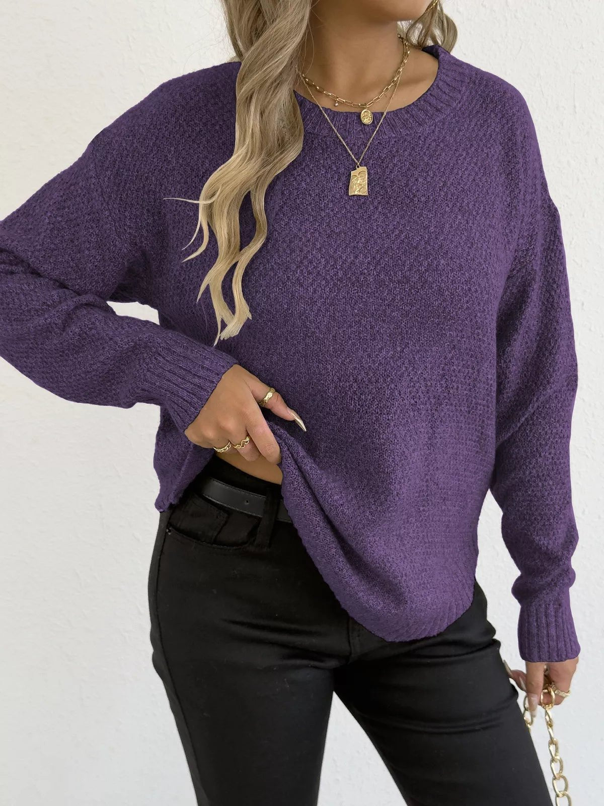 Textured Knit Relaxed Fit Round Neck Sweater - Goddess Vibes