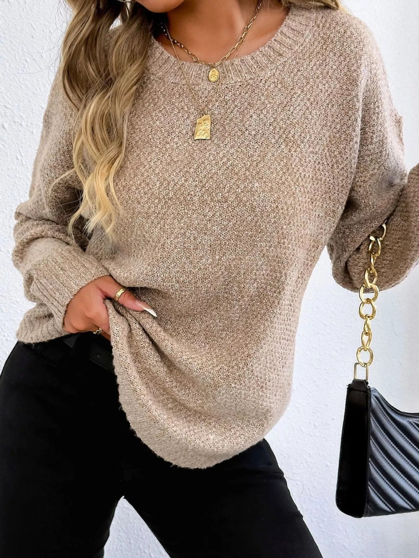 Textured Knit Relaxed Fit Round Neck Sweater - Goddess Vibes