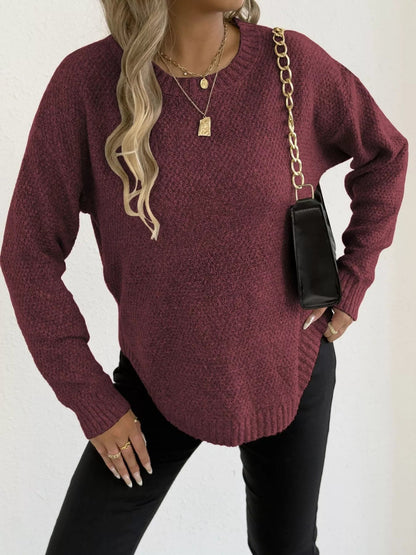 Textured Knit Relaxed Fit Round Neck Sweater - Goddess Vibes