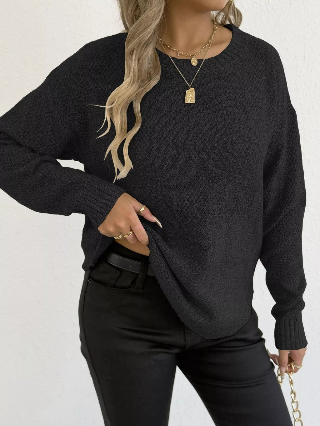 Crowned Energy CO. Apricot / S Trendsi Sweaters & Cardigans/Cardigans Textured Knit Relaxed Fit Round Neck Sweater