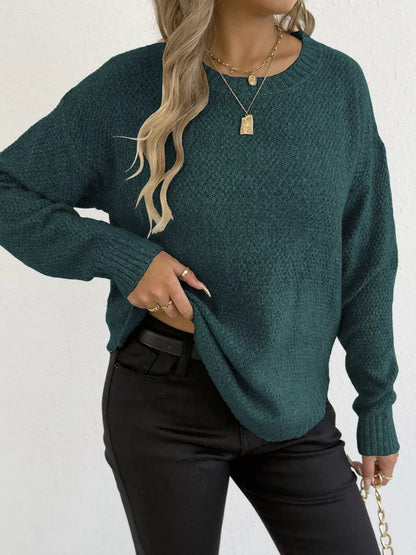 Textured Knit Relaxed Fit Round Neck Sweater - Goddess Vibes
