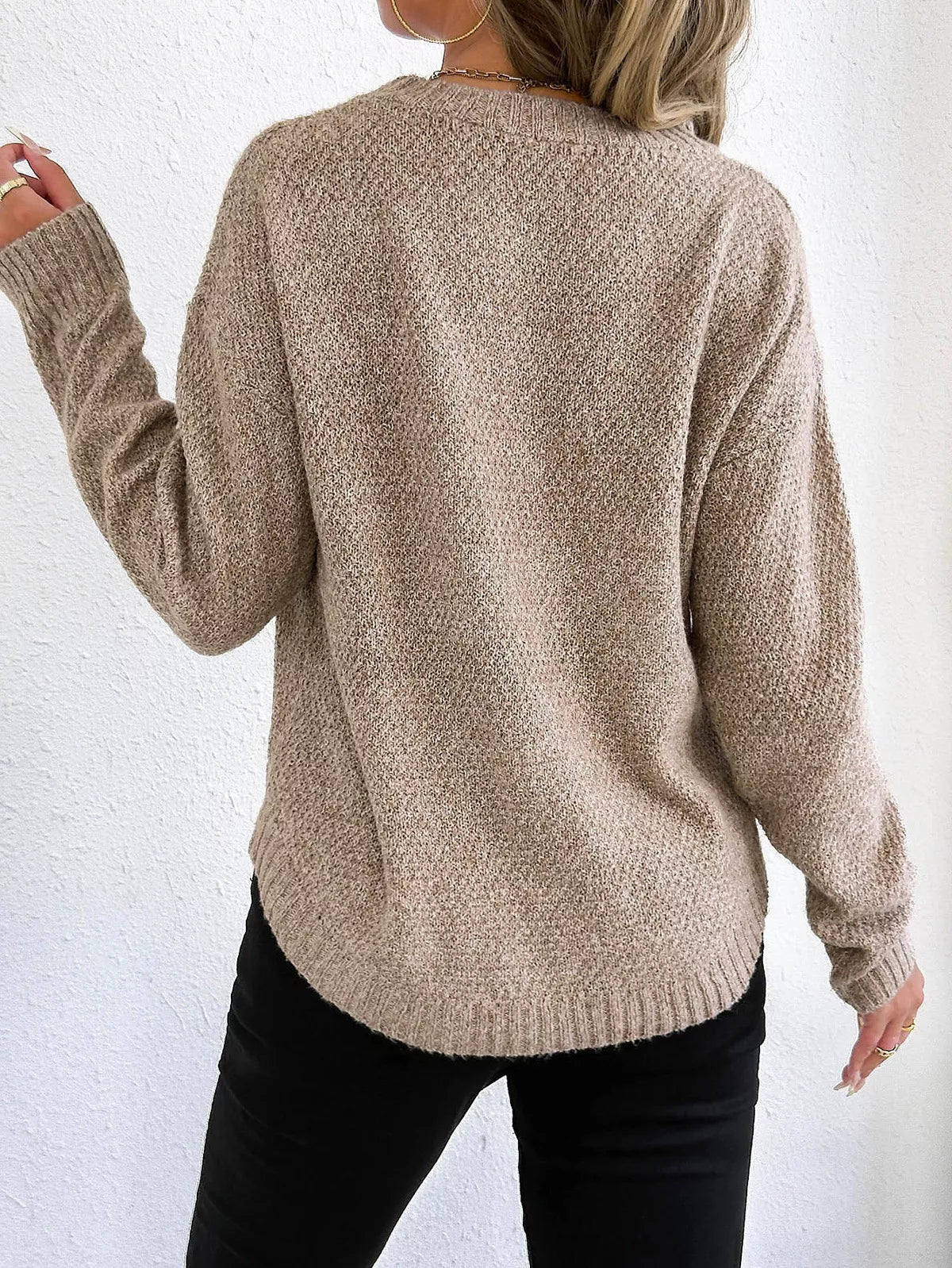 Textured Knit Relaxed Fit Round Neck Sweater - Goddess Vibes