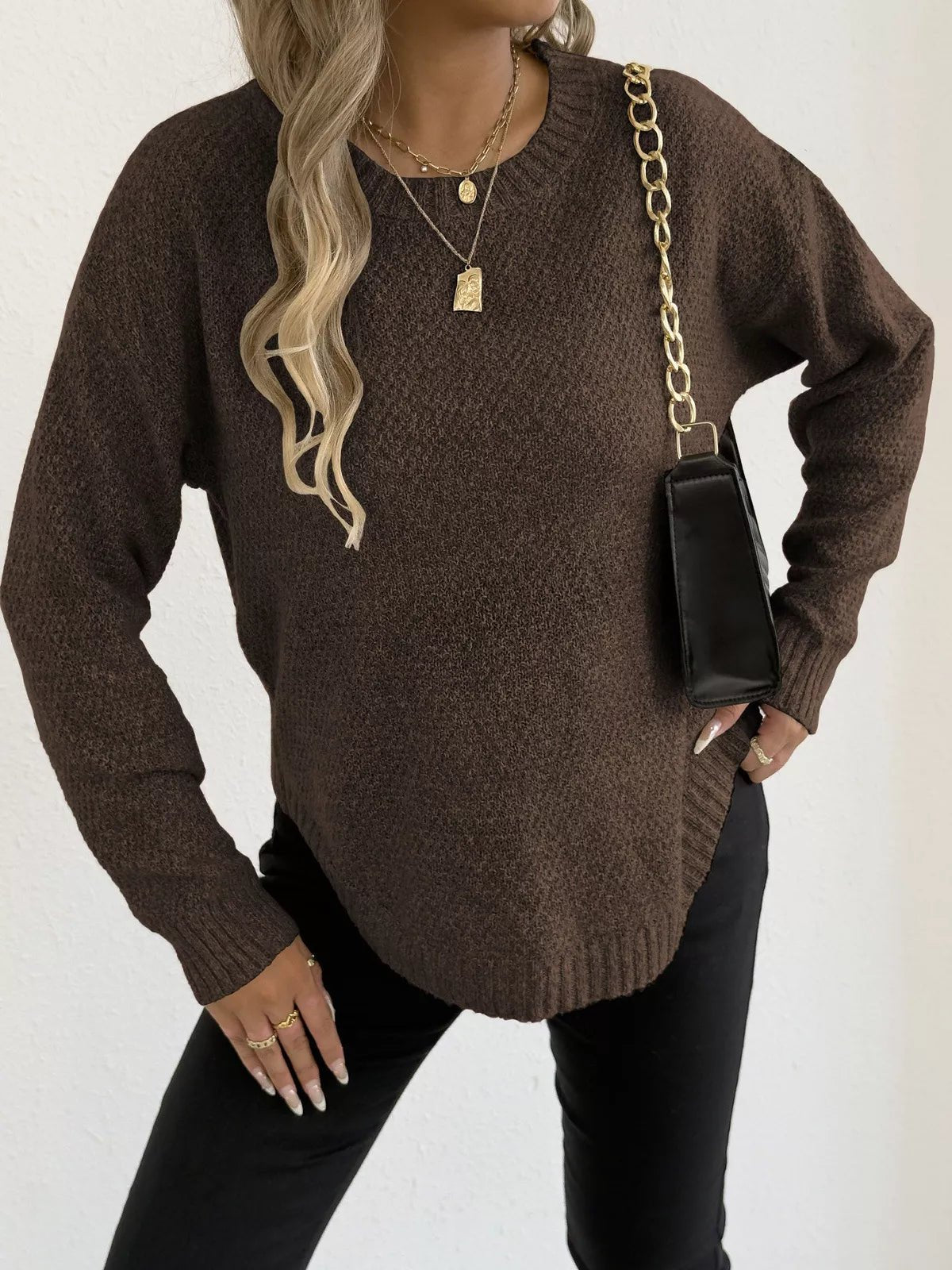 Textured Knit Relaxed Fit Round Neck Sweater - Goddess Vibes