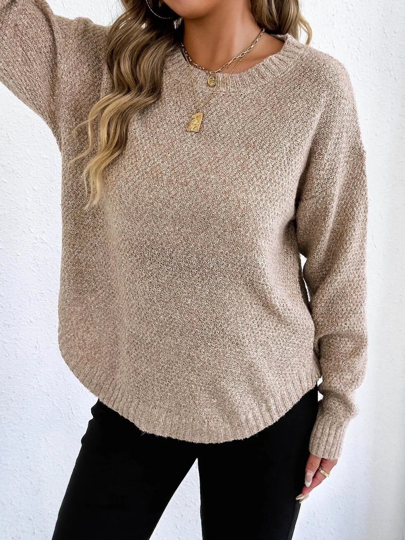 Textured Knit Relaxed Fit Round Neck Sweater - Goddess Vibes