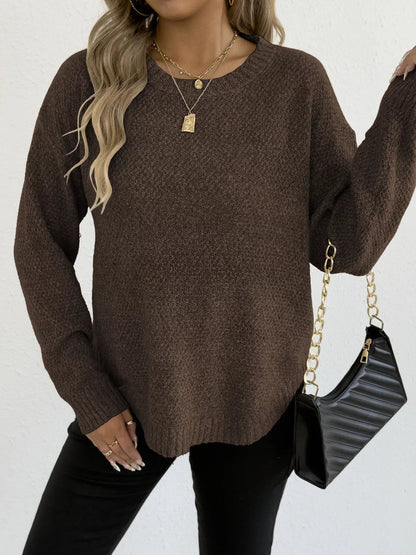 Textured Knit Relaxed Fit Round Neck Sweater - Goddess Vibes