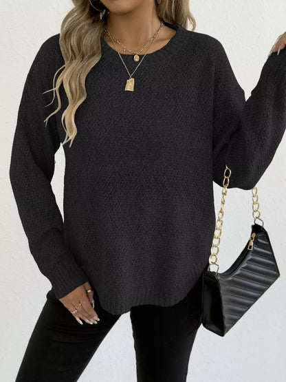 Textured Knit Relaxed Fit Round Neck Sweater - Goddess Vibes