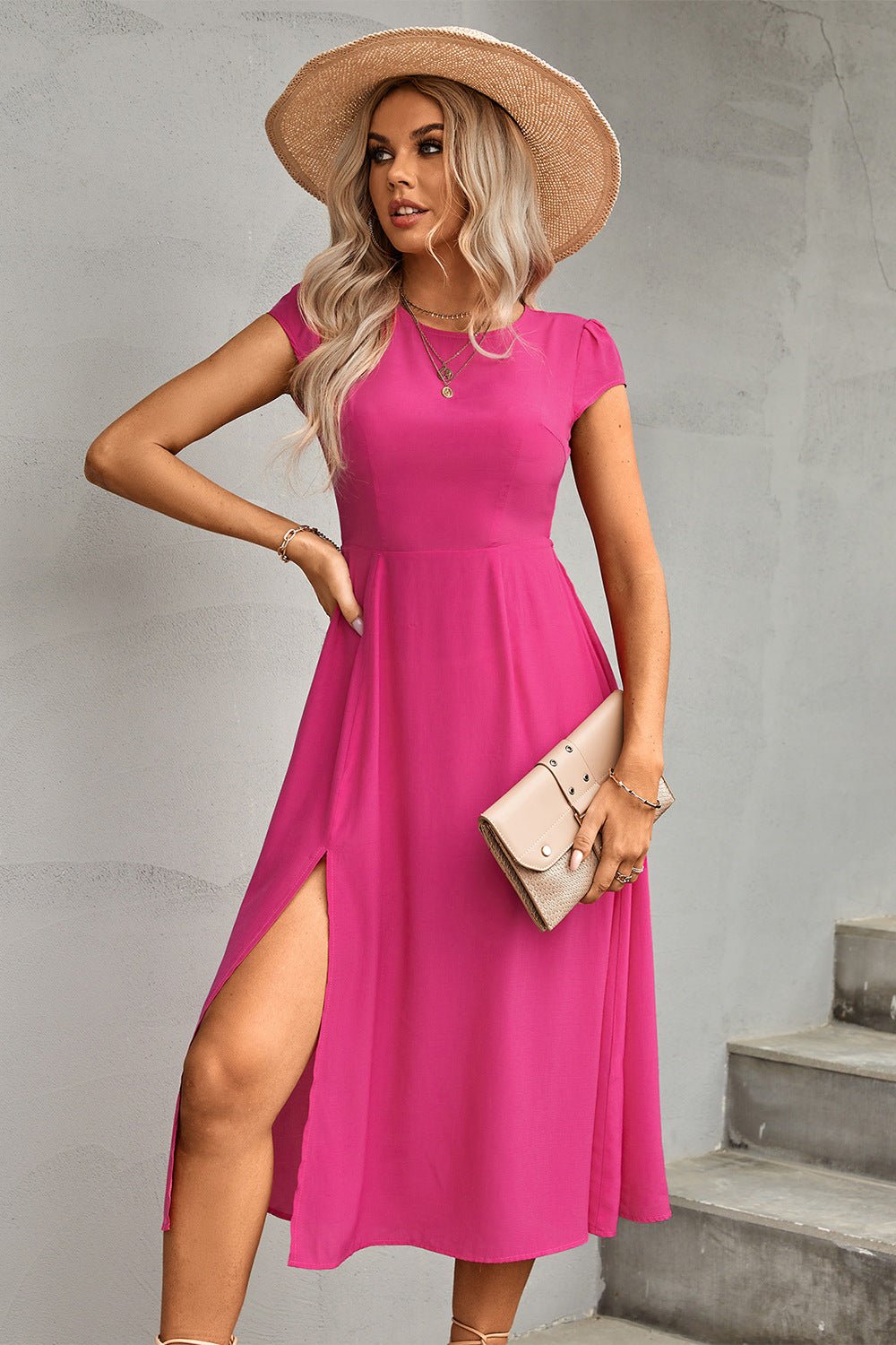 Tie Back Cutout Round Neck Split Dress - Crowned Energy CO.