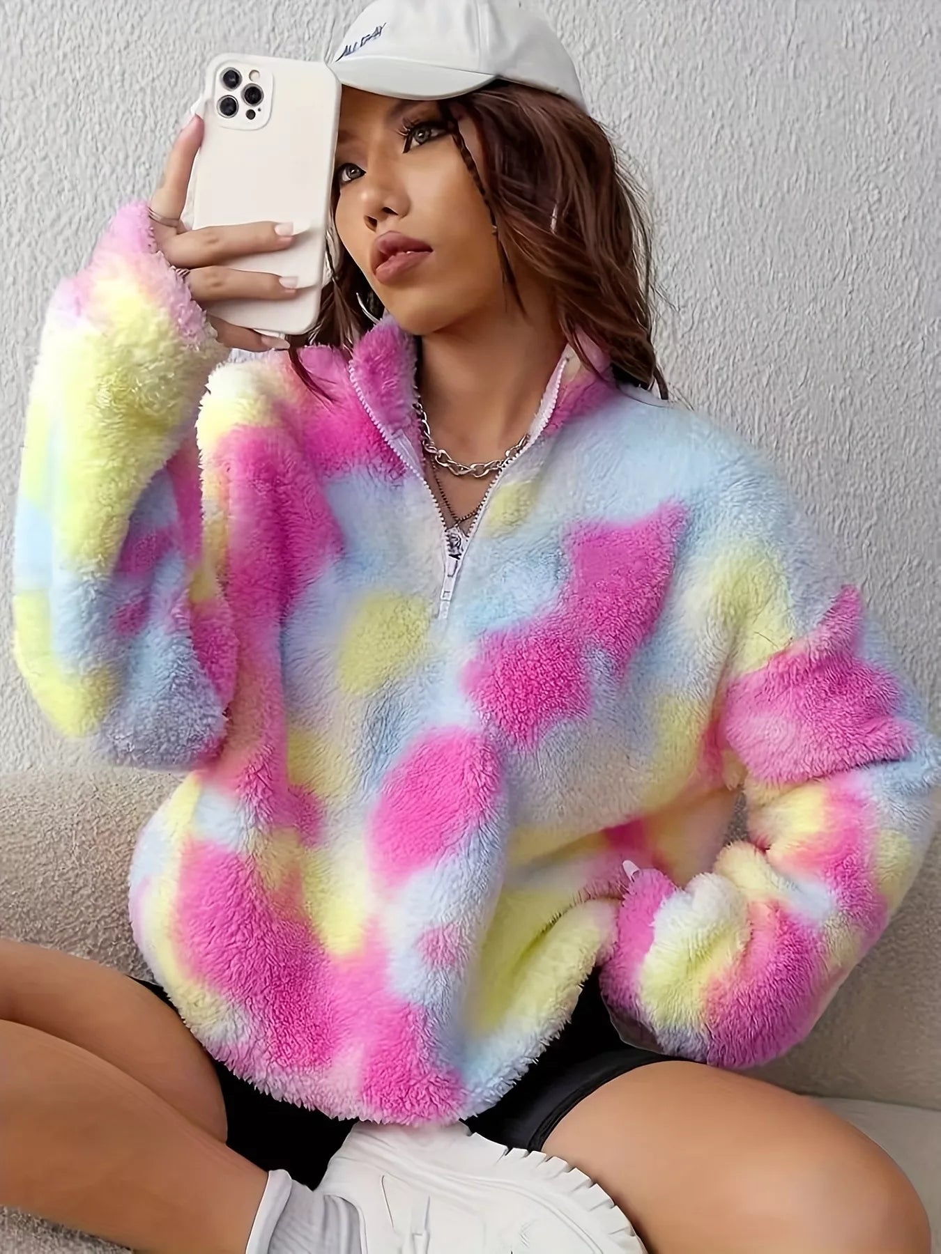 Tie - Dye Fuzzy Quarter Zip Sweatshirt - Crowned Energy CO.