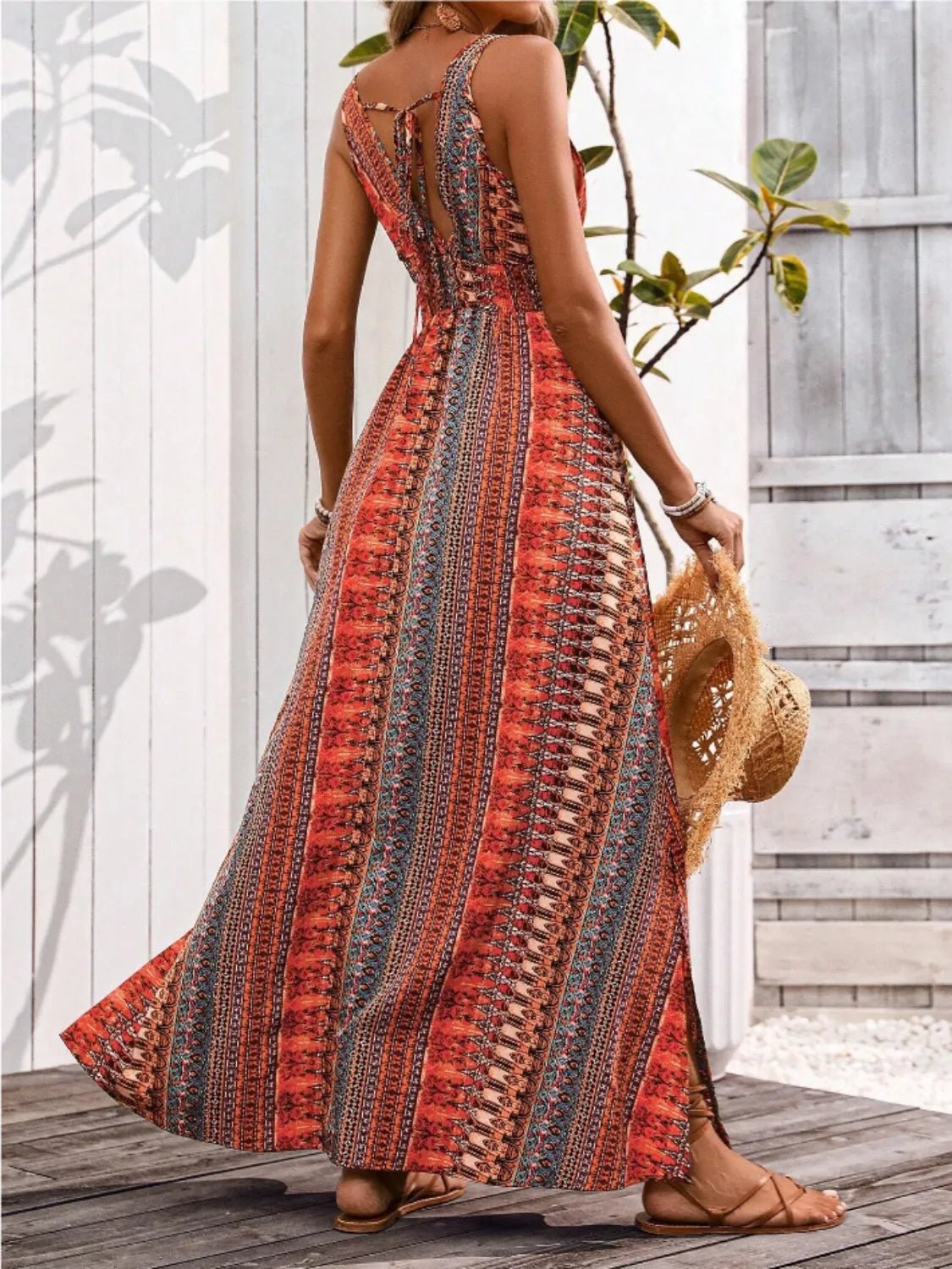 Tied Back Printed Sleeveless Maxi Slit Dress - Goddess Vibes