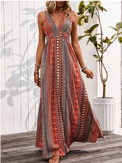 Tied Back Printed Sleeveless Maxi Slit Dress - Goddess Vibes